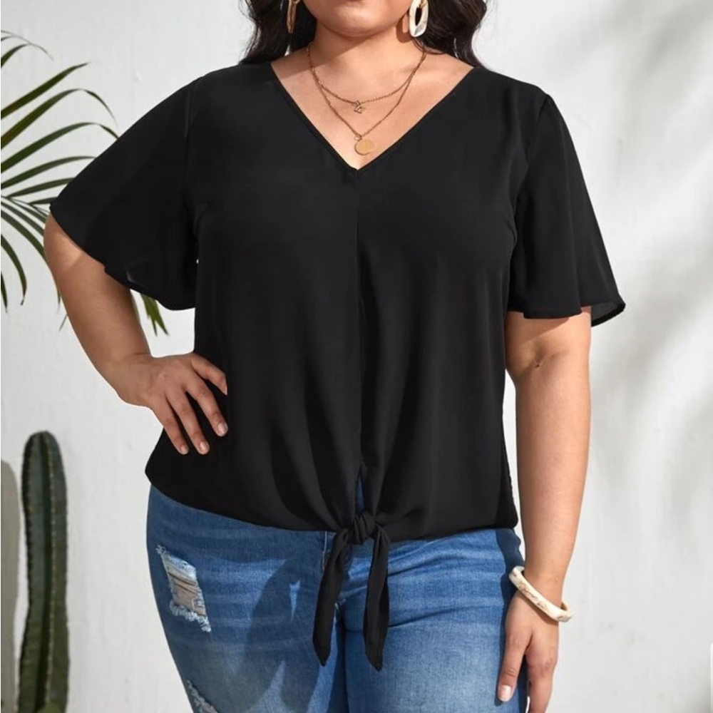 🚨3 for $15🚨 SHEIN Black Flutter Sleeve Tie Front Blouse